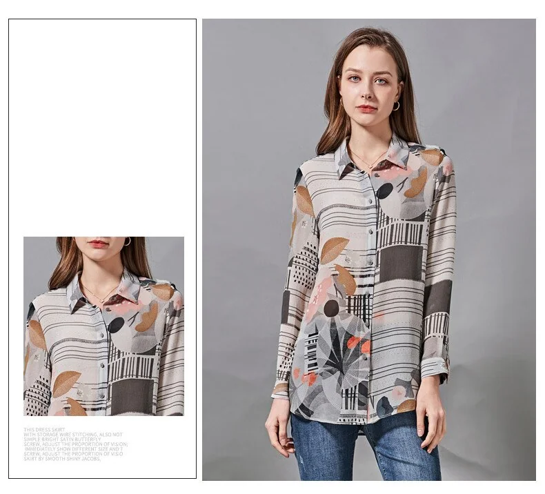 100% Silk Women's Shirt Turn Down Collar Long Sleeves Printed Elegant Blouse Fashion Camisa Tops - Image 6
