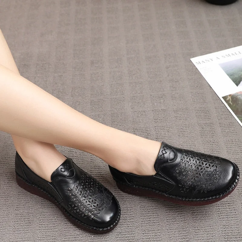 Spring Summer Slip On Women Shoes Hollow Breathable Genuine Leather Moccasins Flats Shoes Female - Image 18