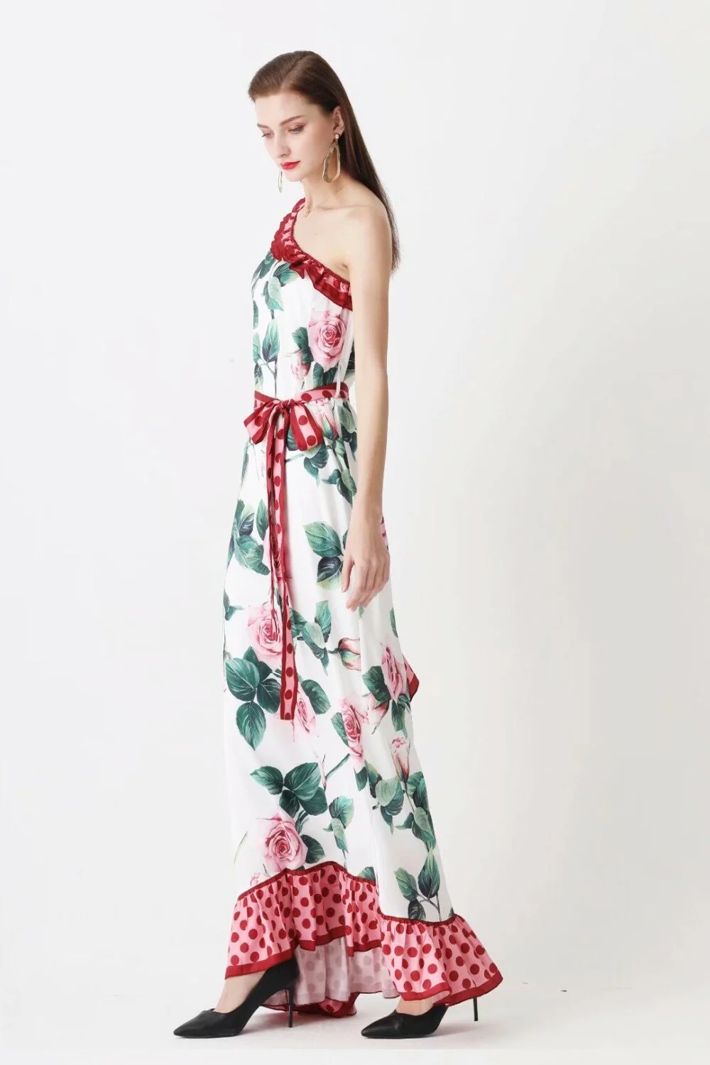 Women's Runway Dresses Sexy One Shoulder Ruffles Floral Printed Sash Belt Loose Design Fashion Long Maxi Bohemian Dresses - Image 5