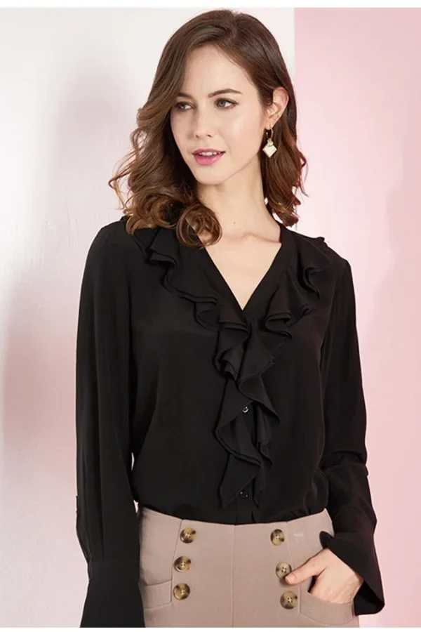 100% Pure Silk Women's Designer Shirts Sexy V Neck Long Sleeves Ruffles Fashion Casual Blouse Shirts