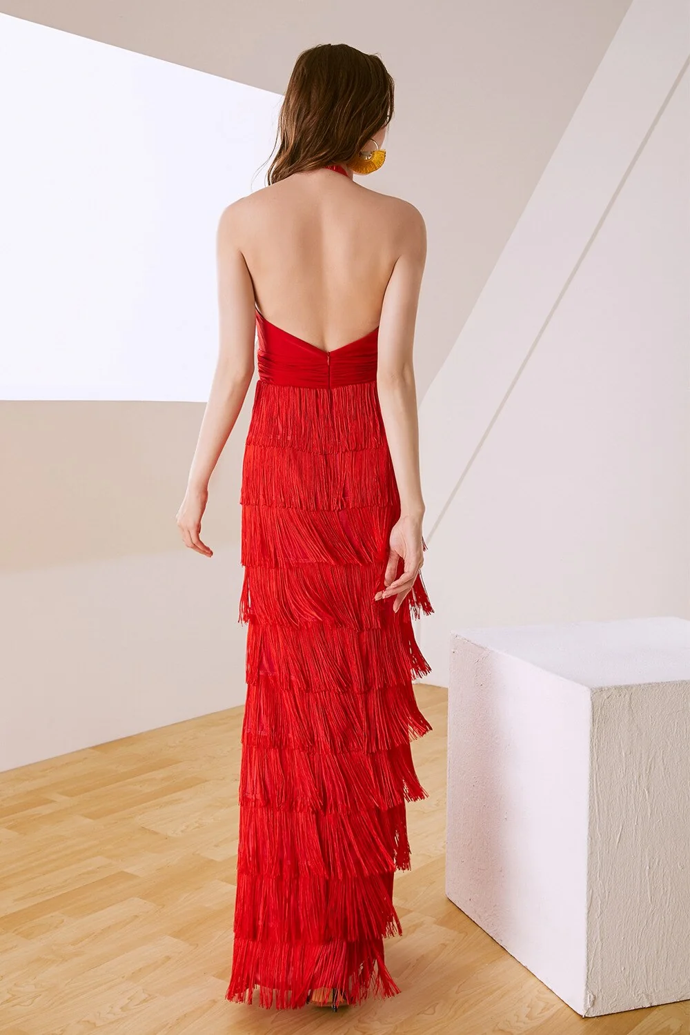 Women's Sexy Deep V Neck Sleeveless Ruched Waist Tiered Tassels Fashion Long Party Dresses Elegant Runway Prom Dress - Image 15