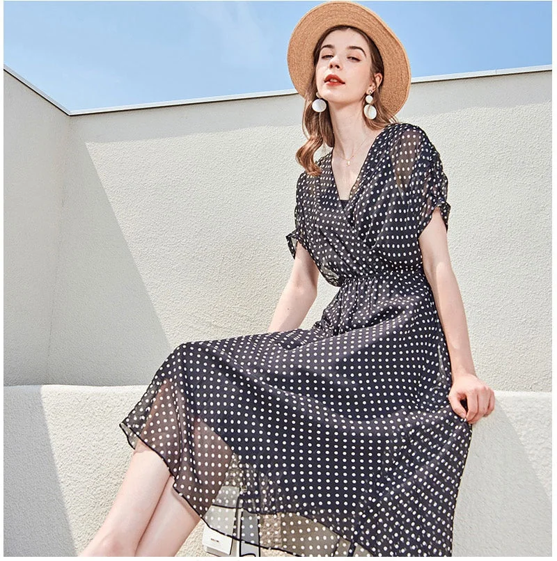 100% Silk Women's Runway Dresses Sexy V Neck Short Ruched Sleeves Polka Dots Printed Fashion Casual Summer Dresses - Image 2