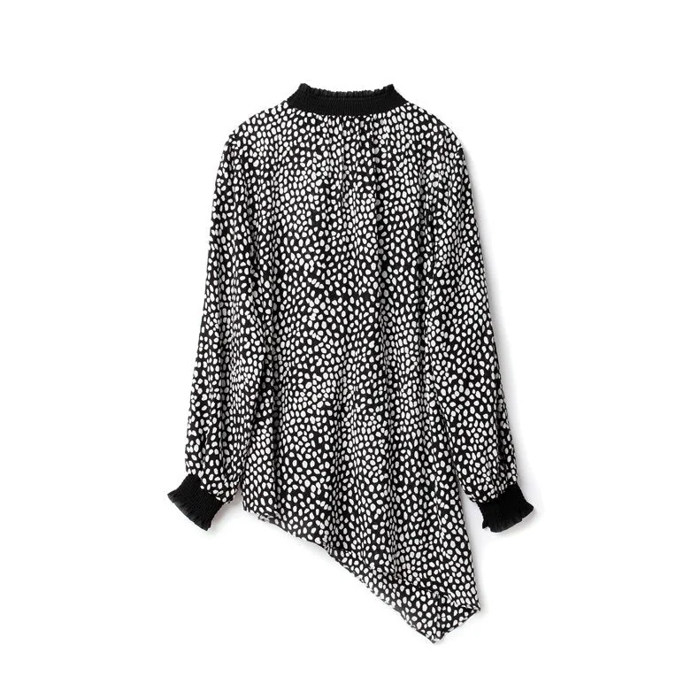 100% Natural Silk Women's Shirt O Neck Long Sleeves Dots Printed Asymmetrical Fashion Blouse Tops - Image 8