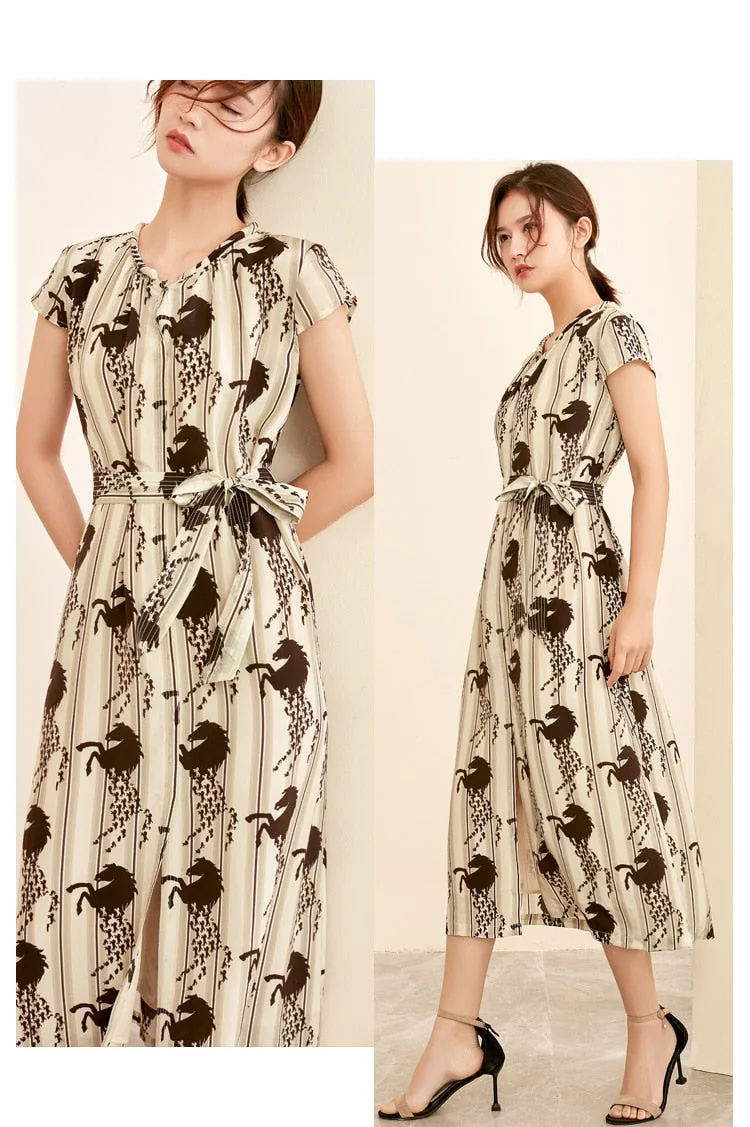 100% Silk Women's Dress O Neck Short Sleeves Sash Belt Animals Printed Fashion Casual Mid Runway Dresses - Image 4
