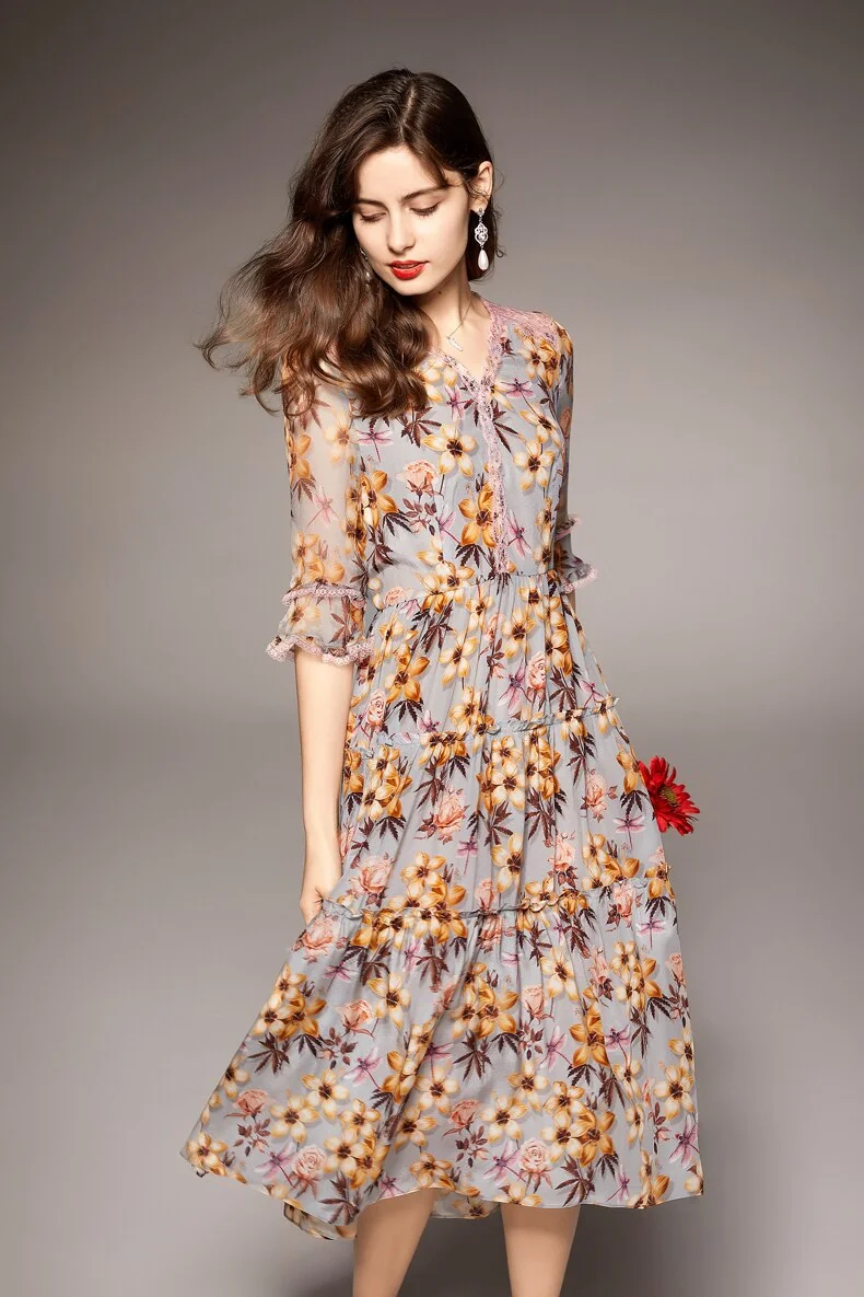 100% Natural Silk Women's Dresses Sexy V Neck Half Sleeves Lace Patchwork Floral Printed Ruffles Fashion Mid Summer Dress - Image 5