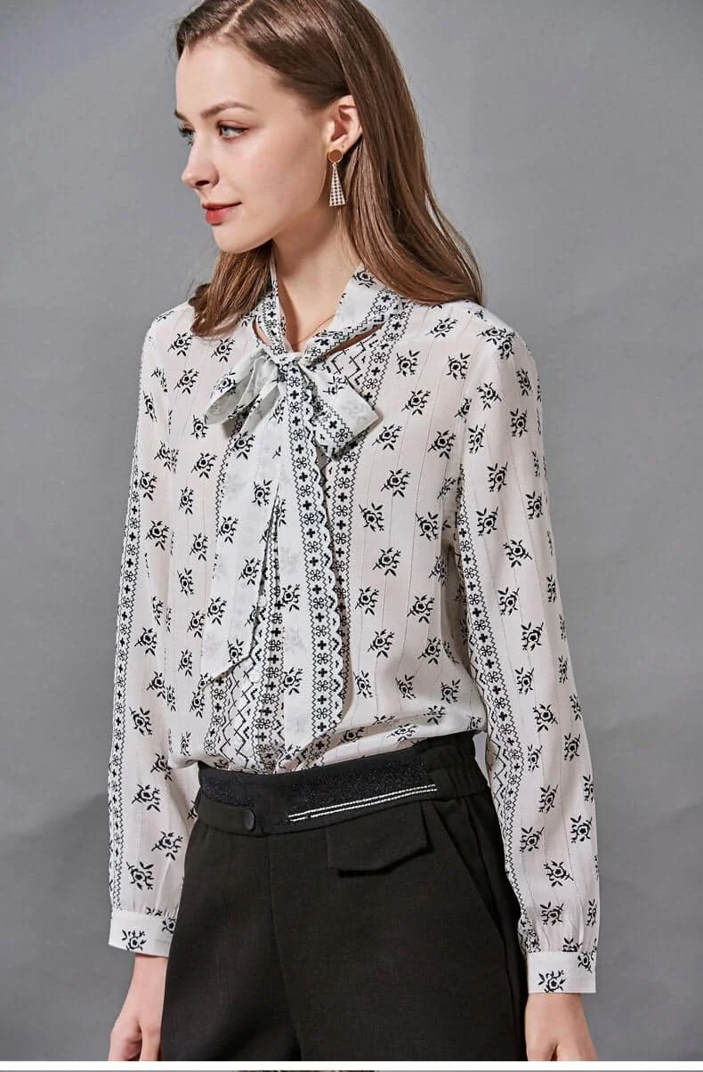 100% Natural Silk Women's Shirt Lace Bow Collar Long Sleeves Printed Fashion Blouse Floral Camisa - Image 2