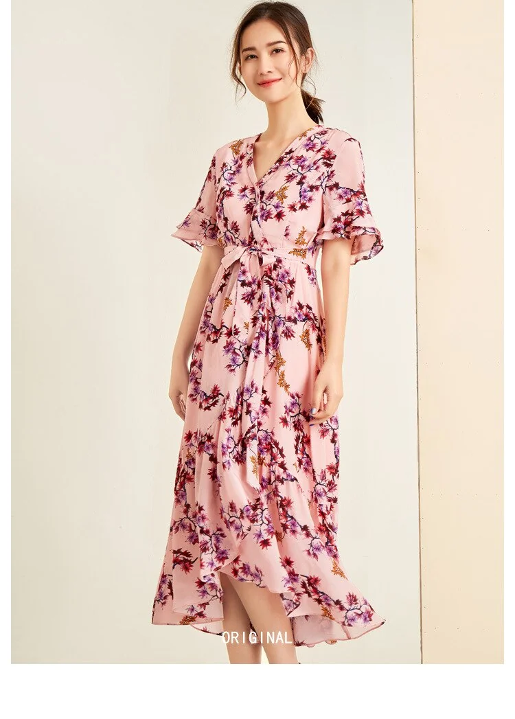 100% Silk Women's Dress Sexy V Neck Ruffles Short Sleeves Printed Asymmetrical Fashion Casual Summer Dresses - Image 2