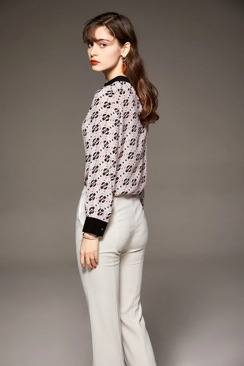 100 Silk Women's Shirt O Neck Long Sleeves Printed Ruched Pullover Fashion Blouse Elegant Tops - Image 3