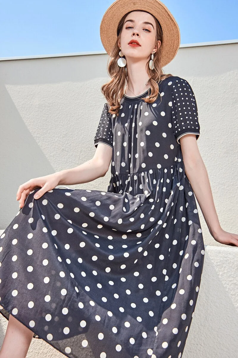 100% Silk Women's Runway Dresses O Neck Short Sleeves Polka Dots Printed Ruched Fashion High Street Summer Dresses - Image 3