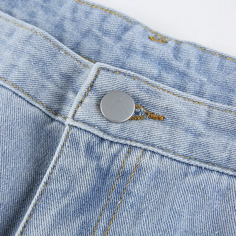Casual Hollow Out High Waist Pants Woman Button Zipper Solid Straight Baggy Jeans - Image 8