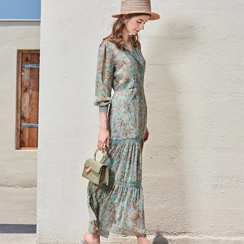 100% Silk Women's Runway Dresses Sexy V Neck Long Sleeves Lace Patchwork Printed Fashion Casual Dresses - Image 3