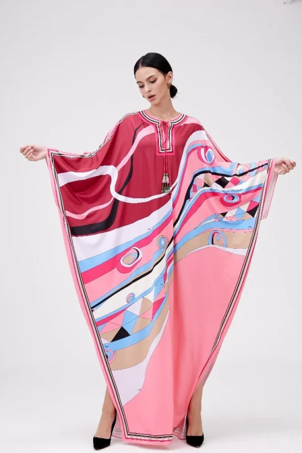 Women's Runway Dresses O Neck Lace Up Batwing Sleeves Split Printed Loose Design Fashion Maxi Long Robes Vestidos