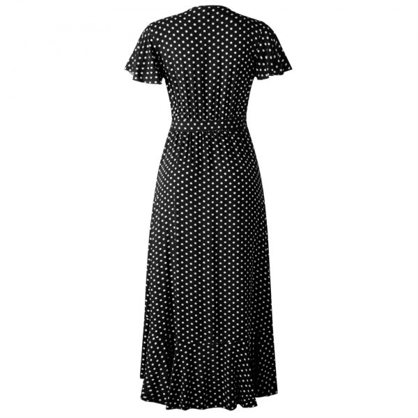 Summer Maxi Dress Women Polka Dot Sexy V Neck Ruffles Short Sleeve Holiday Long Beach Sundress Ladies Lace Up Wrap Party Dresses - Takalr