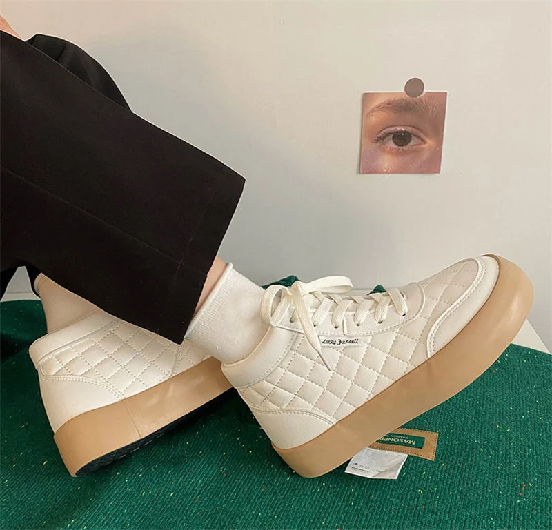 Women Shoes Autumn White PU Leather Sneakers Fashion Platform Sport Shoes Plaid Lace-up Casual Comfy Ankle Boots - Image 4