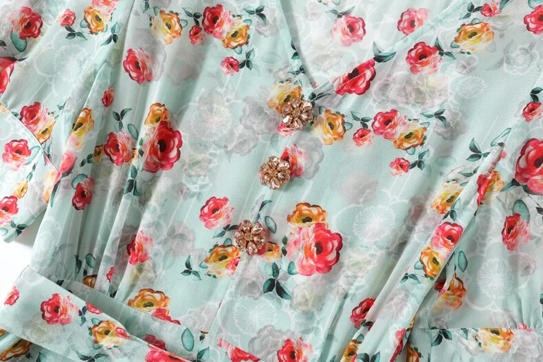 100% Natural Silk Women's Dresses V Neck Short Sleeves Printed Sash Belt Fashion Summer Dress Vestidos - Image 8