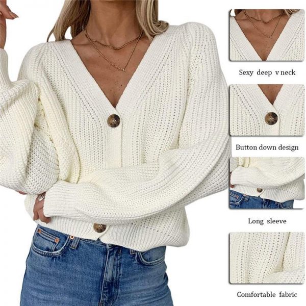 Women Solid Casual Sweater Oversize V Neck Knitted Cardigans 2020 Autumn Warm Loose Lantern Sleeve Single Row Button Female Coat - Takalr