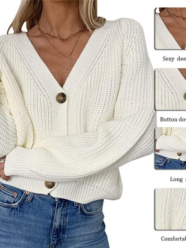 Women Solid Casual Sweater Oversize V Neck Knitted Cardigans 2020 Autumn Warm Loose Lantern Sleeve Single Row Button Female Coat - Takalr