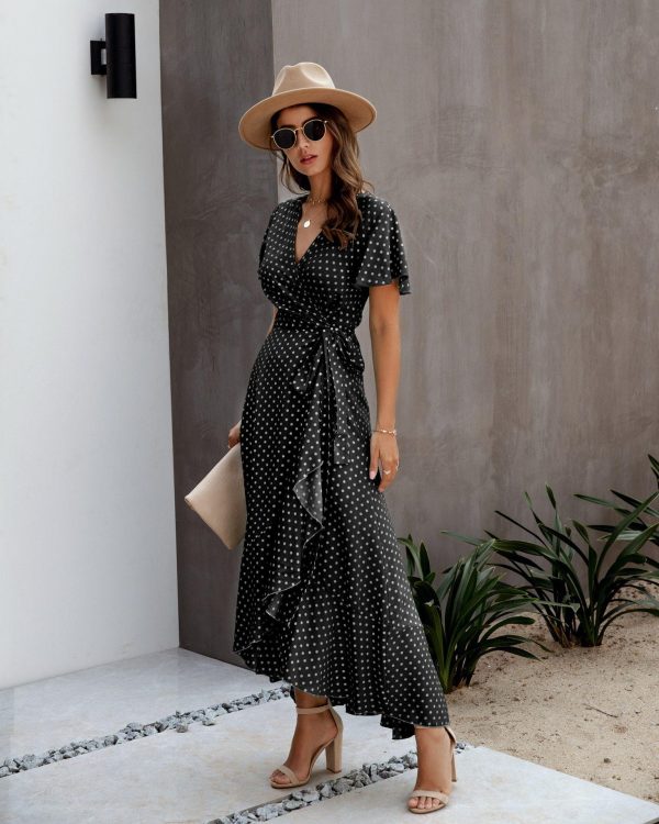 Summer Maxi Dress Women Polka Dot Sexy V Neck Ruffles Short Sleeve Holiday Long Beach Sundress Ladies Lace Up Wrap Party Dresses - Takalr