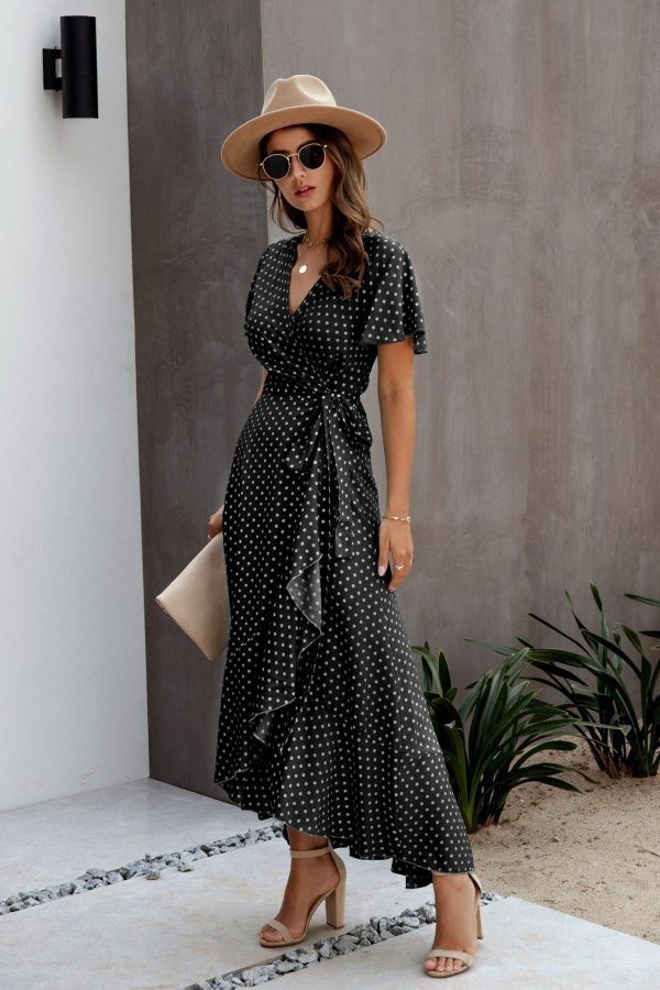 Summer Maxi Dress Women Polka Dot Sexy V Neck Ruffles Short Sleeve Holiday Long Beach Sundress Ladies Lace Up Wrap Party Dresses - Takalr