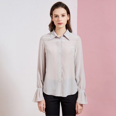 100% Pure Silk Women's Runway Shirts Turn Down Collar Long Sleeves Ruffles Fashion Casual Shirt Blouse Tops