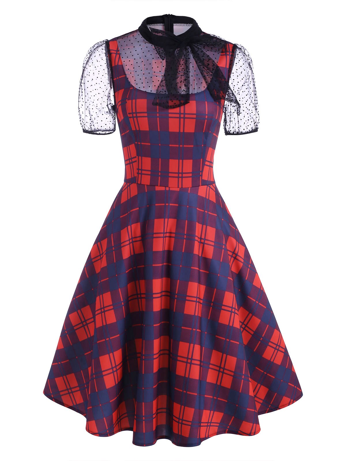 Plus Size Plaid Swiss Dot Bowknot Puff Sleeve Vintage Dress Short Sleeves Sexy Party Dress Elegant Spring Retro Dress - Image 2
