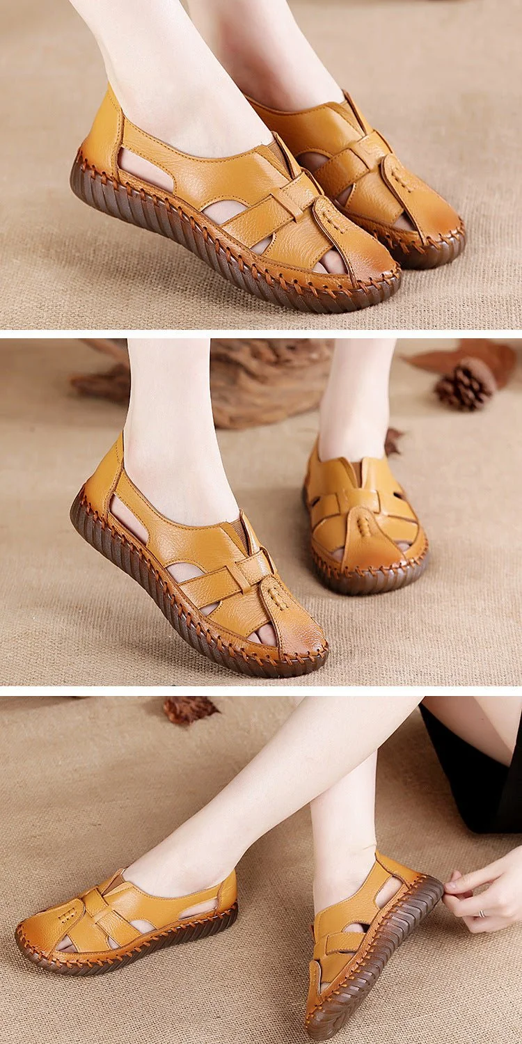Women Retro Manual Suture Hollow Sandal Loafers - Image 13