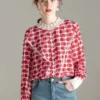 100% Pure Silk Women's Designer Shirts Ruffled Collar Long Sleeves Printed Patchwork Elegant Pullover Blouse Shirt