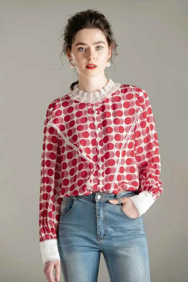 100% Pure Silk Women's Designer Shirts Ruffled Collar Long Sleeves Printed Patchwork Elegant Pullover Blouse Shirt
