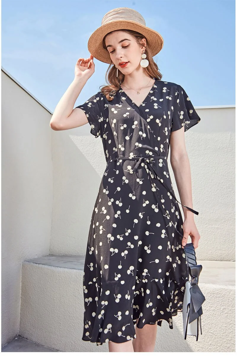 100% Silk Women's Dresses V Neck Short Sleeves Ruffles Printed Fashion Casual Summer Holiday Dresses