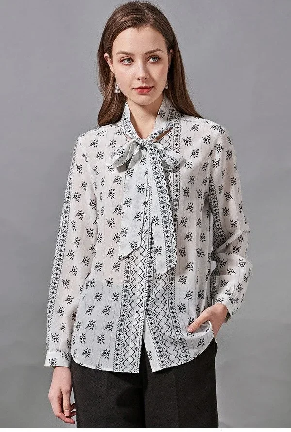 100% Natural Silk Women's Shirt Lace Bow Collar Long Sleeves  Printed Fashion Blouse Floral Camisa
