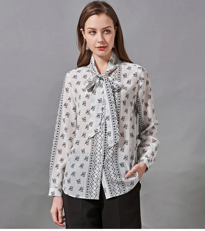 100% Natural Silk Women's Shirt Lace Bow Collar Long Sleeves Printed Fashion Blouse Floral Camisa