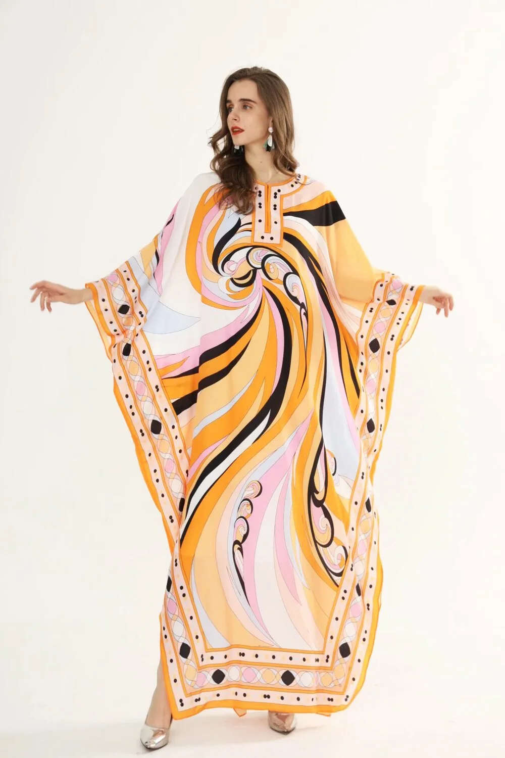 Autumn Women's Runway Dresses O Neck Batwing Sleeves Printed Loose Deisgn Plus Sizes Holiday Long Maxi Dresses