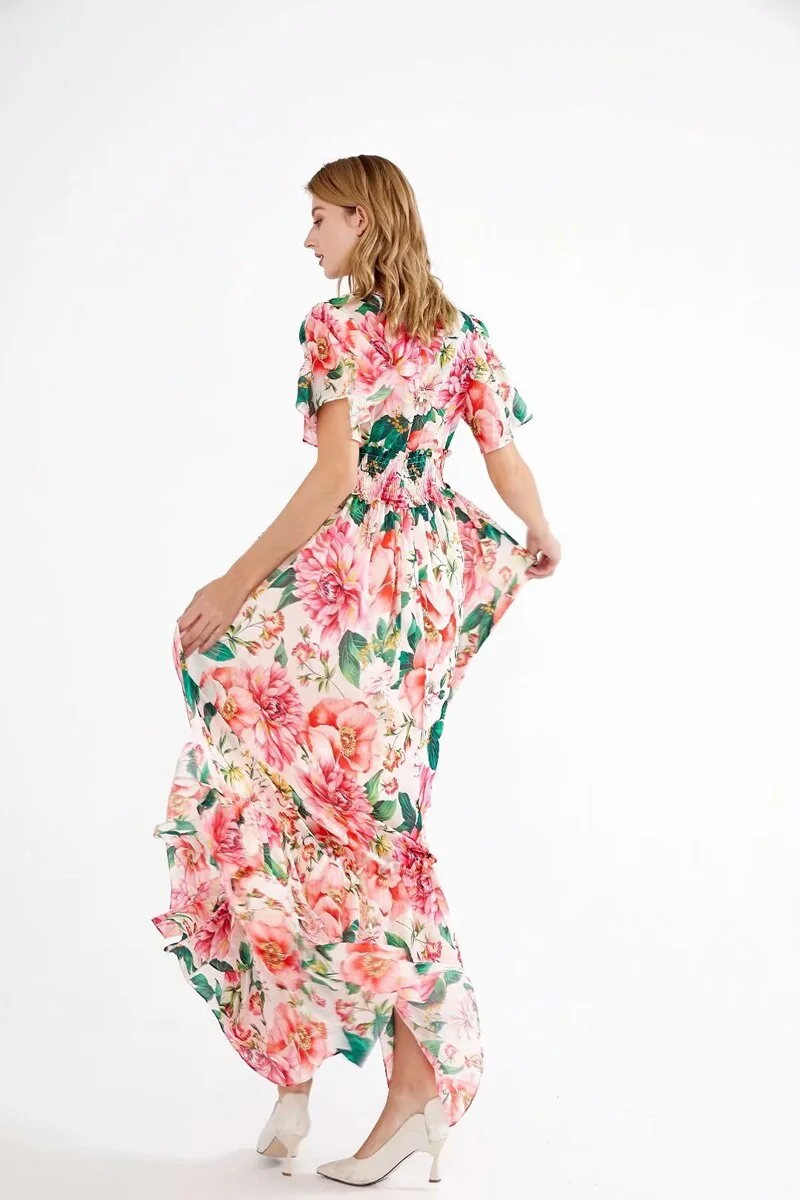 Women's Runway Dresses Sexy V Neck Short Flare Sleeves Floral Printed Tiered Ruffles Fashion Elegant Prom Long Dresses - Image 5