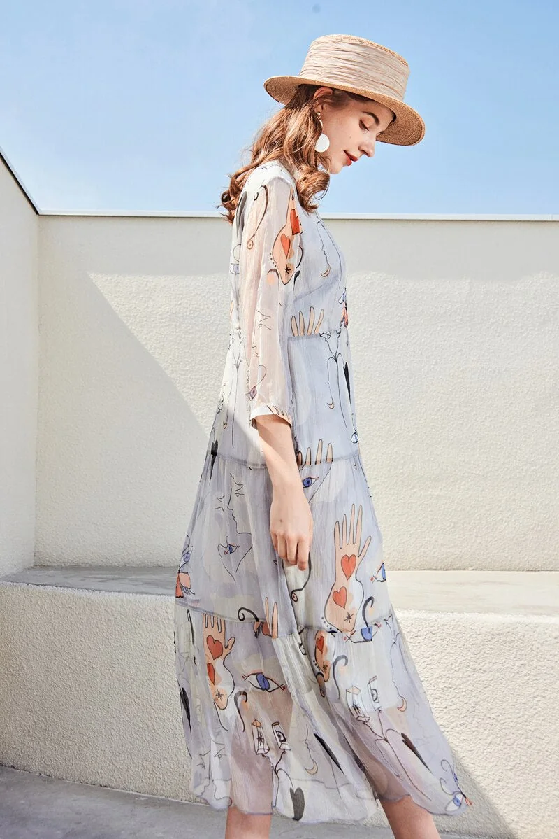 100% Silk Women's Runway Dresses O Neck 3/4 Sleeves Printed Mid Calf High Street Casual Dresses - Image 3