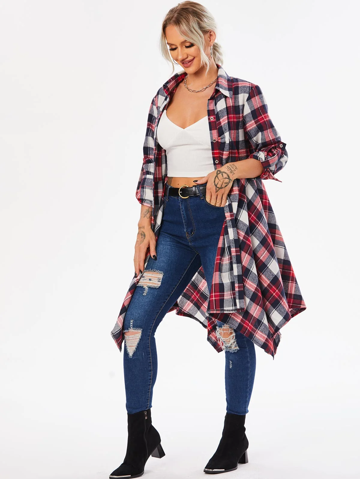 Handkerchief Dress Fashion Plaid Print Button Up Long Sleeve Shirt Dress Fall Clothes for Women Casual Short Dresses - Image 15