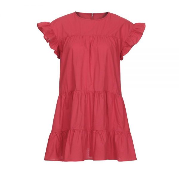 Women Casual Ruffle O Neck Short Sleeve Dress - Takalr