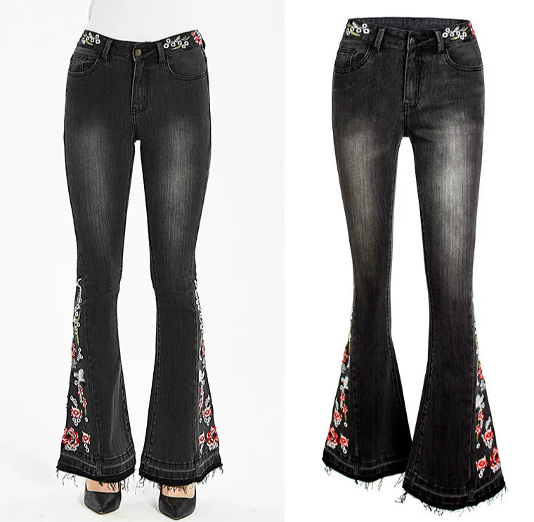 Vintage Embroidery Jeans Woman Elastic Black Jeans Spring Autumn Flare Denim Pants - Image 2