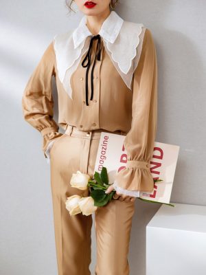 100% Silk Women's Shirt Turn Down Collar Long Sleeves Double Breasted Patchwork Fashion Casual Blouse Camisa Tops