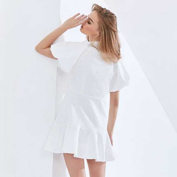 White Elegant Oversized Dress For Women O Neck Puff Sleeve High Waist Female Summer Dresses Womens Clothing 2021 - Takalr