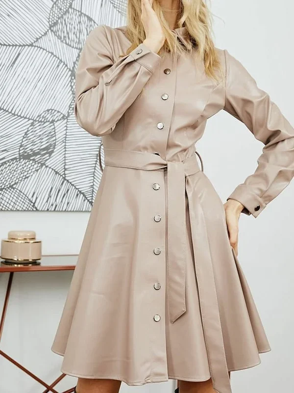 Fashion Belt Rivet Buttoned Down Mini Dresses Women Long Sleeve Solid Color PU Leather Dress High Waist A-line Dress