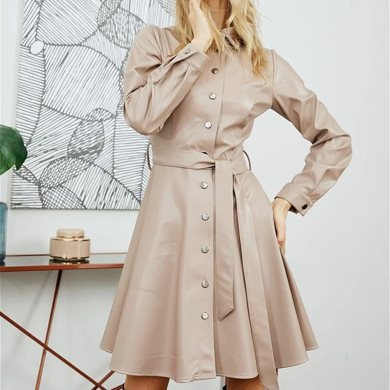 Fashion Belt Rivet Buttoned Down Mini Dresses Women Long Sleeve Solid Color PU Leather Dress High Waist A-line Dress