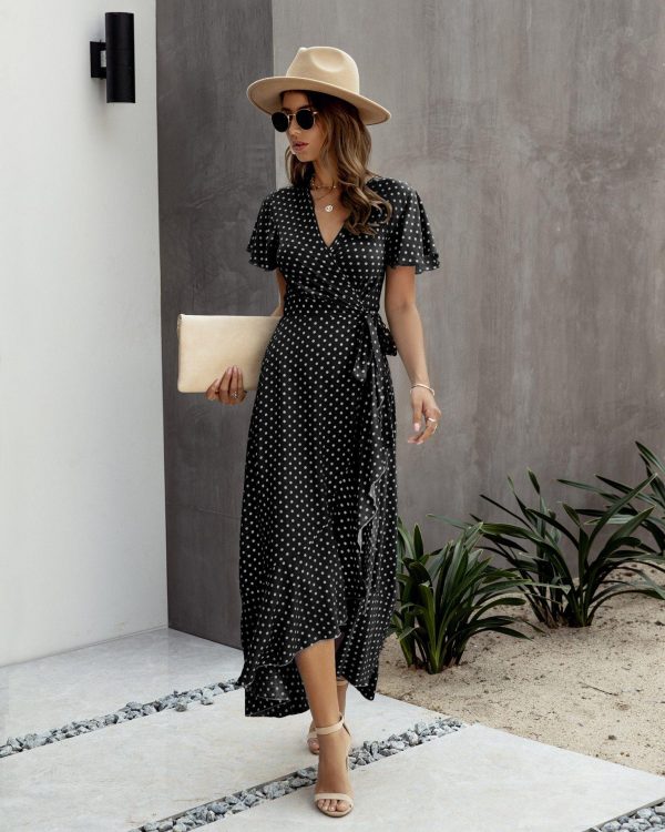 Summer Maxi Dress Women Polka Dot Sexy V Neck Ruffles Short Sleeve Holiday Long Beach Sundress Ladies Lace Up Wrap Party Dresses - Takalr