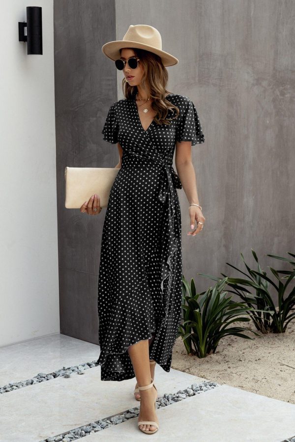 Summer Maxi Dress Women Polka Dot Sexy V Neck Ruffles Short Sleeve Holiday Long Beach Sundress Ladies Lace Up Wrap Party Dresses - Takalr