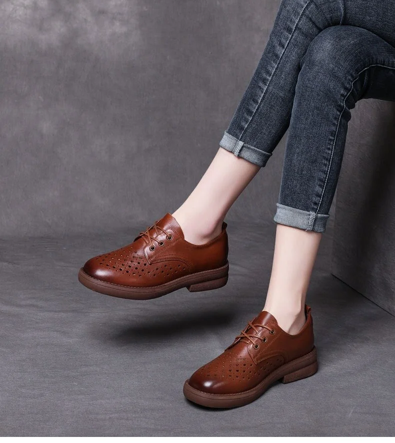 Women Flat Shoes Lace Up Moccasins Soft Genuine Leather Ladies Shoes Handmade Flats Hollow Casual Women Shoes - Image 12