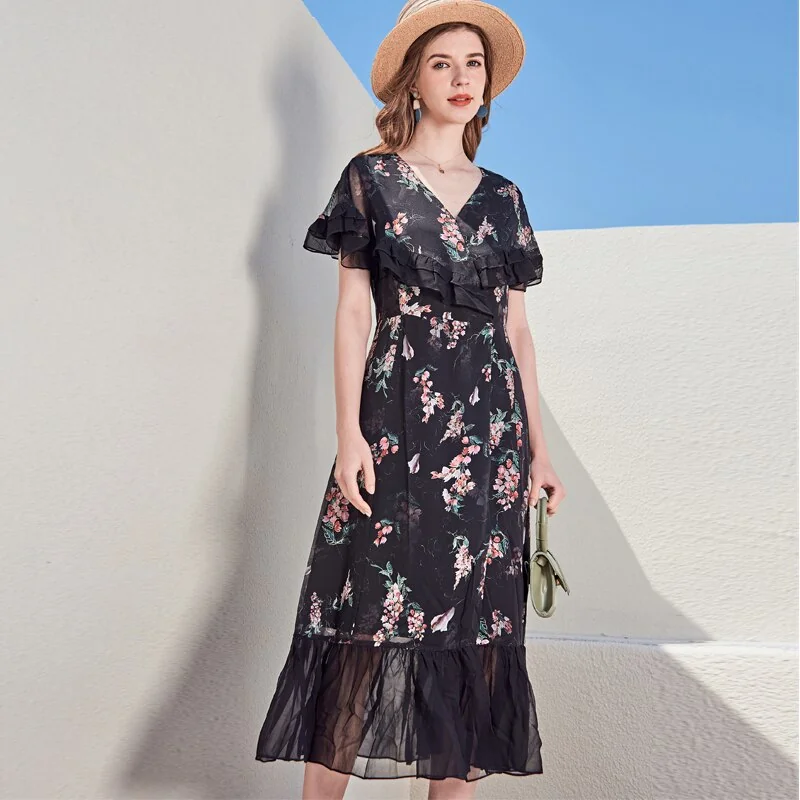 100% Silk Women's Runway Dresses Sexy V Neck Ruffles Short Sleeves Floral Printed Fashion Casual Mid Calf Dresses - Image 3