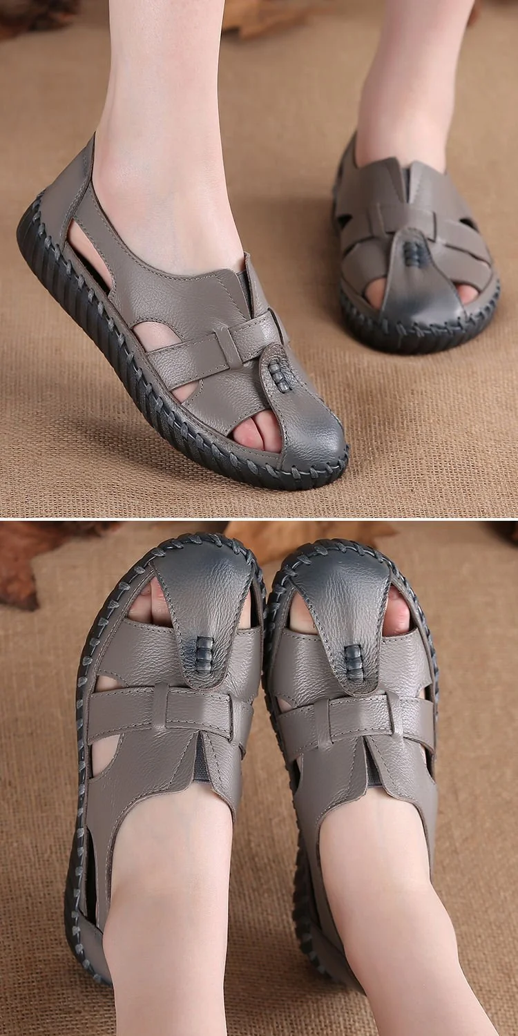 Women Retro Manual Suture Hollow Sandal Loafers - Image 16