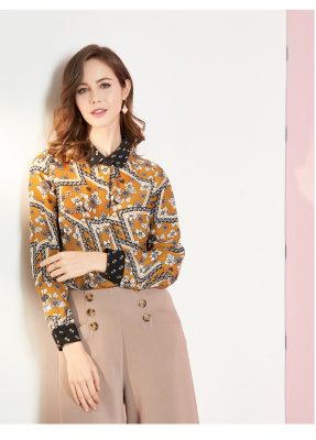 100% Pure Silk Women's Runway Shirts Turn Down Collar Printed Long Sleeves Elegant Fashion Casual Shirts Blouses in Two Colors