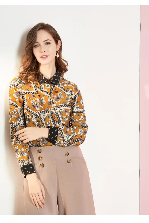 100% Pure Silk Women's Runway Shirts Turn Down Collar Printed Long Sleeves Elegant Fashion Casual Shirts Blouses in Two Colors