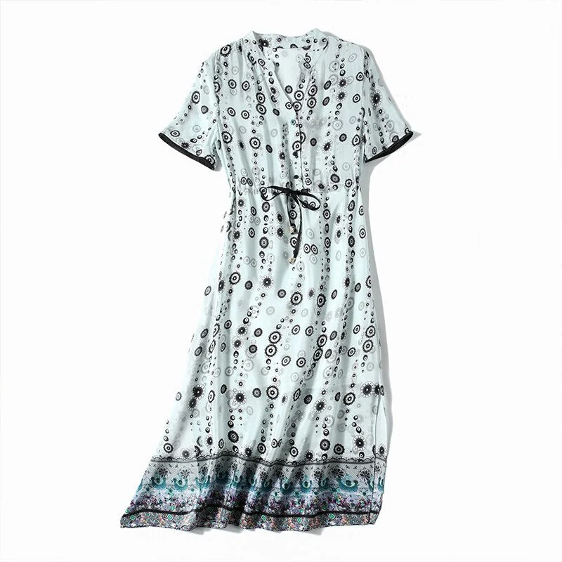 100% Silk Women's Runway Dresses V Neck Short Sleeves Printed Sash Belt Split Fashion Casual Designer Dresses - Image 7