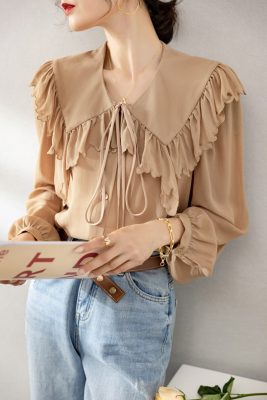 100% Silk Women's Shirt Turn Down Collar Long Sleeves Lace Up Ruffles Elegant Fashion Blouse Tops